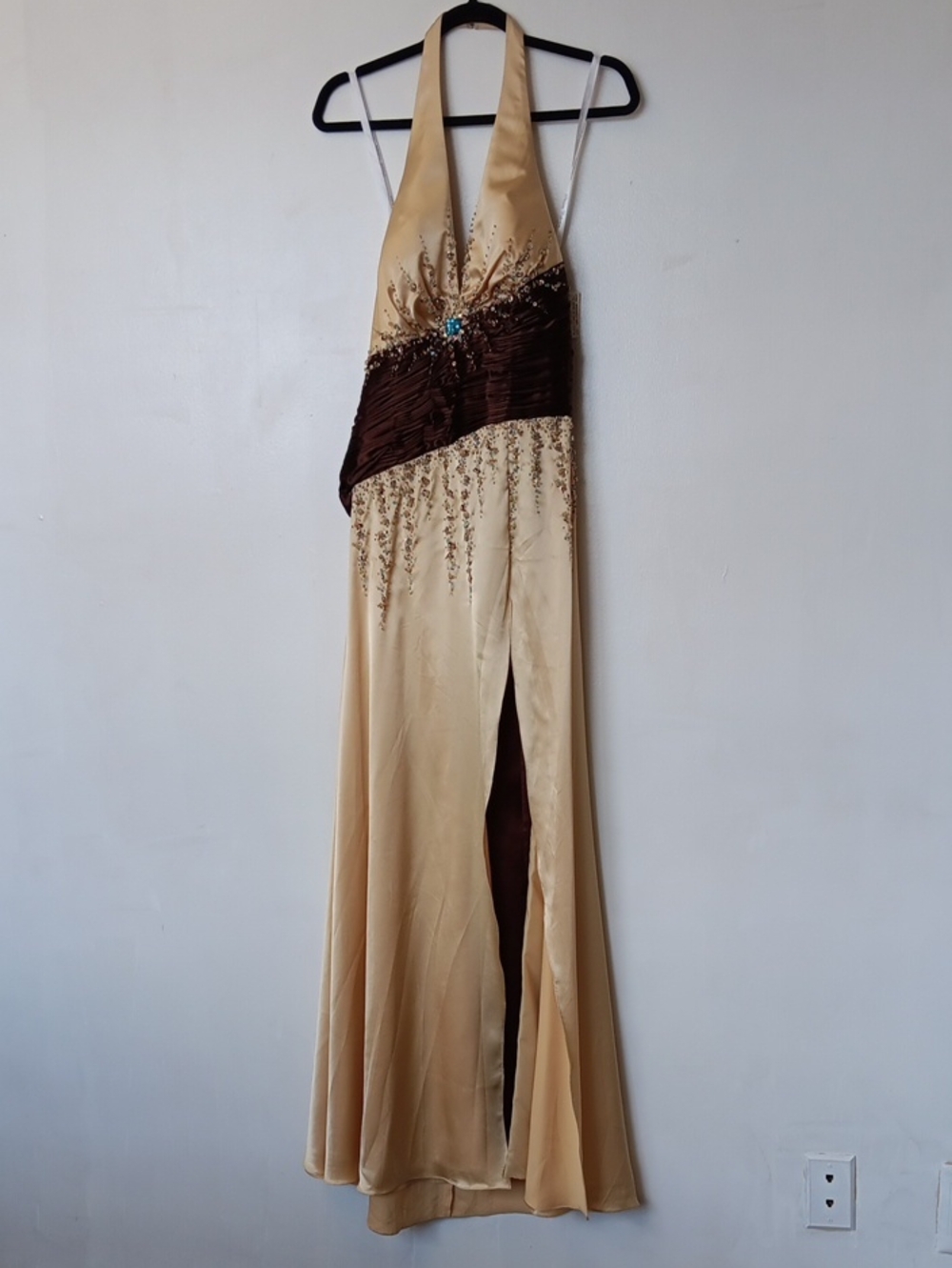 Yellow and Brown Halter Maxi Dress with Embellished Waist